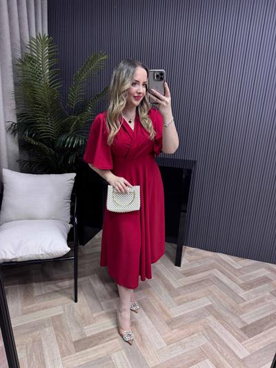 Orkide Kısa Kollu Belden Oturan Kloş Elbise Kırmızı