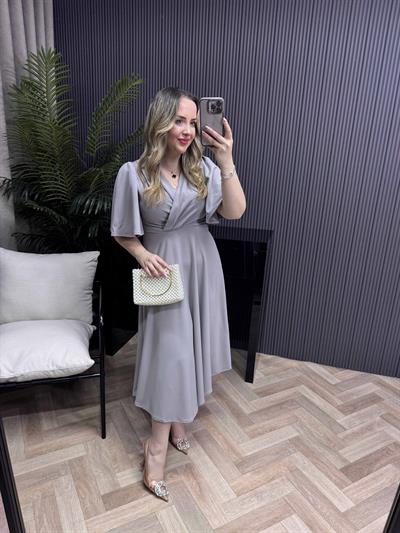 Orkide Kısa Kollu Belden Oturan Kloş Elbise Gri