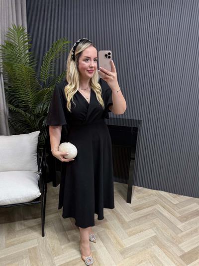 Orkide Kısa Kollu Belden Oturan Kloş Elbise Siyah