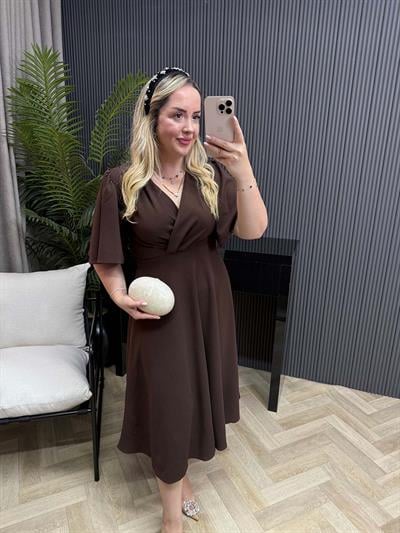 Orkide Kısa Kollu Belden Oturan Kloş Elbise Kahverengi