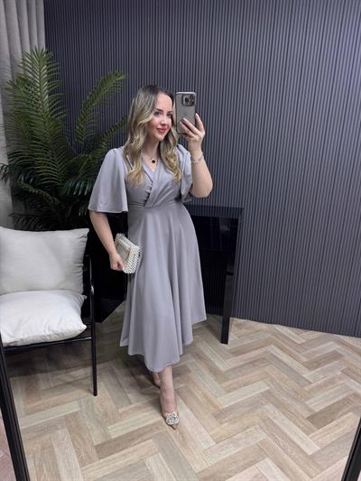 Orkide Kısa Kollu Belden Oturan Kloş Elbise Gri