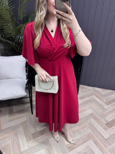 Orkide Kısa Kollu Belden Oturan Kloş Elbise Kırmızı