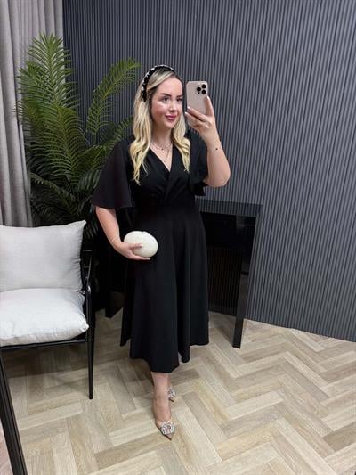 Orkide Kısa Kollu Belden Oturan Kloş Elbise Siyah