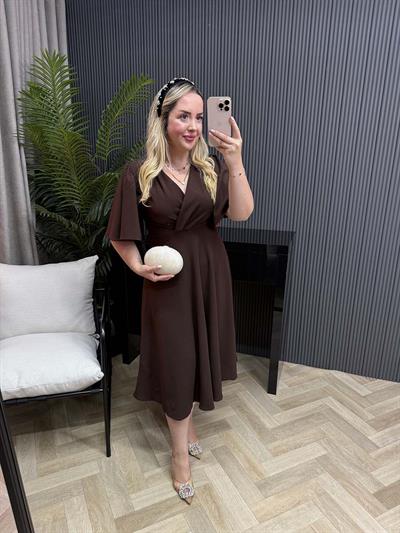 Orkide Kısa Kollu Belden Oturan Kloş Elbise Kahverengi