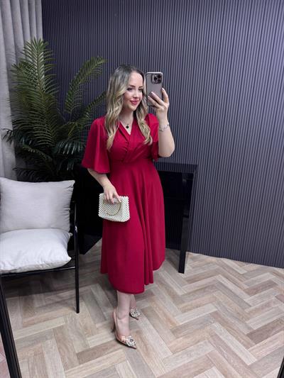 Orkide Kısa Kollu Belden Oturan Kloş Elbise Kırmızı