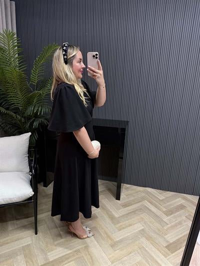 Orkide Kısa Kollu Belden Oturan Kloş Elbise Siyah