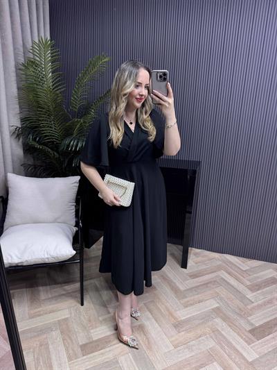 Orkide Kısa Kollu Belden Oturan Kloş Elbise Siyah