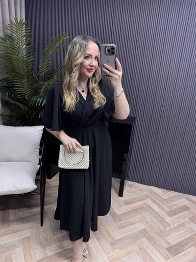 Orkide Kısa Kollu Belden Oturan Kloş Elbise Siyah