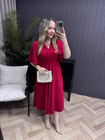 Orkide Kısa Kollu Belden Oturan Kloş Elbise Kırmızı