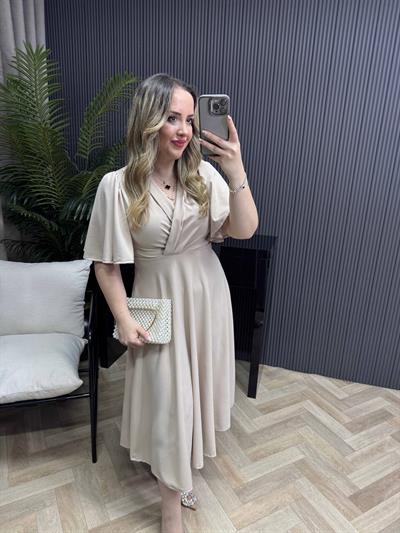 Orkide Kısa Kollu Belden Oturan Kloş Elbise Bej