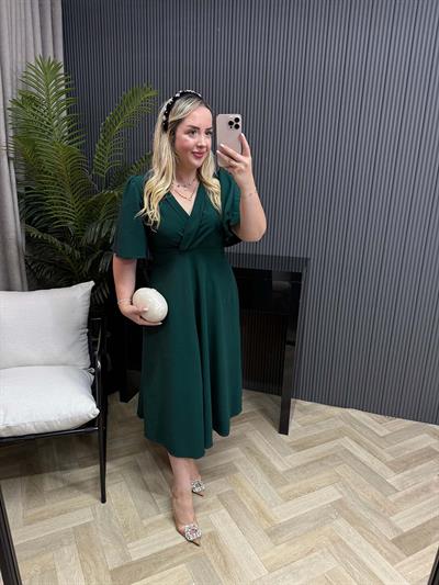 Orkide Kısa Kollu Belden Oturan Kloş Elbise Zümrüt