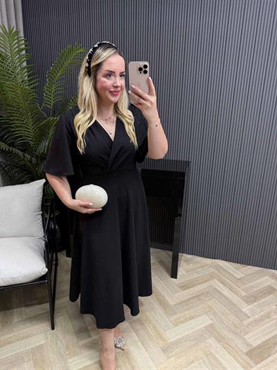 Orkide Kısa Kollu Belden Oturan Kloş Elbise Siyah