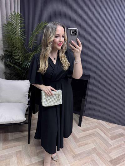 Orkide Kısa Kollu Belden Oturan Kloş Elbise Siyah