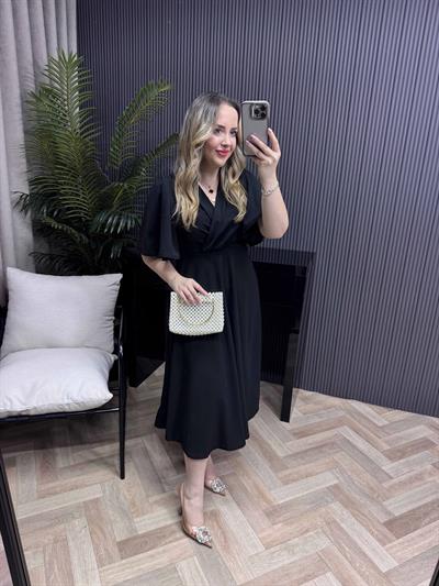 Orkide Kısa Kollu Belden Oturan Kloş Elbise Siyah