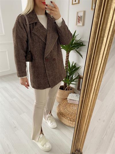 Oversize Balık Sırtı Desen Kahverengi Kaban