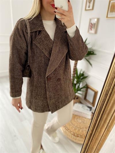 Oversize Balık Sırtı Desen Kahverengi Kaban