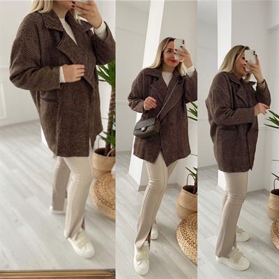 Oversize Balık Sırtı Desen Kahverengi Kaban