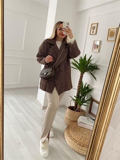 Oversize Balık Sırtı Desen Kahverengi Kaban