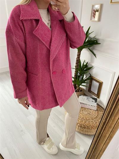 Oversize Balık Sırtı Desen Pembe Kaban