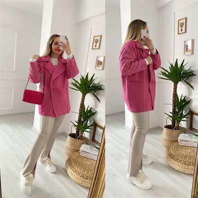 Oversize Balık Sırtı Desen Pembe Kaban