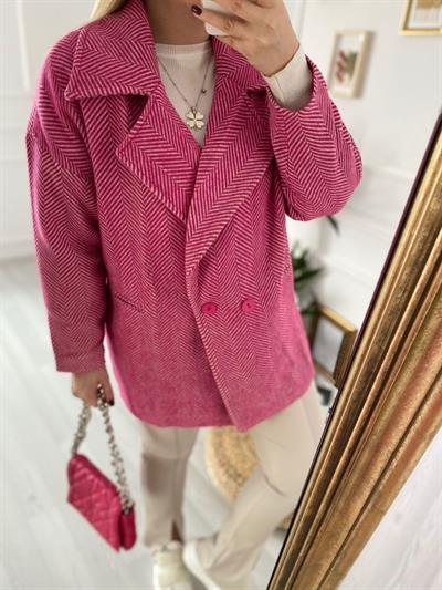 Oversize Balık Sırtı Desen Pembe Kaban