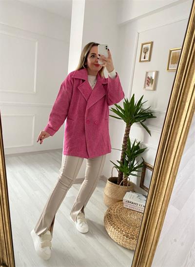 Oversize Balık Sırtı Desen Pembe Kaban