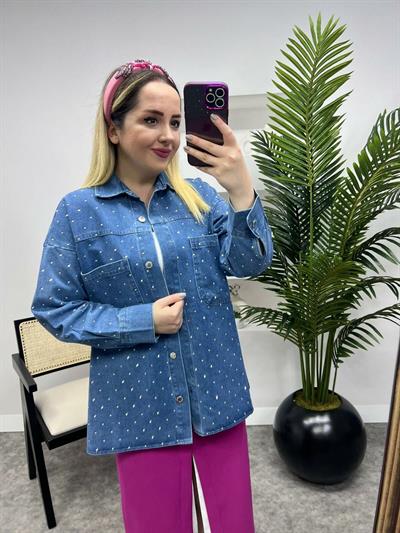 Oversize Kalıp Taşlı Tasarım Kot Ceket Mavi