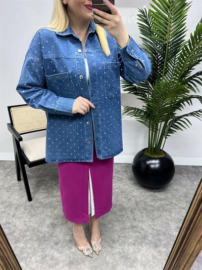Oversize Kalıp Taşlı Tasarım Kot Ceket Mavi