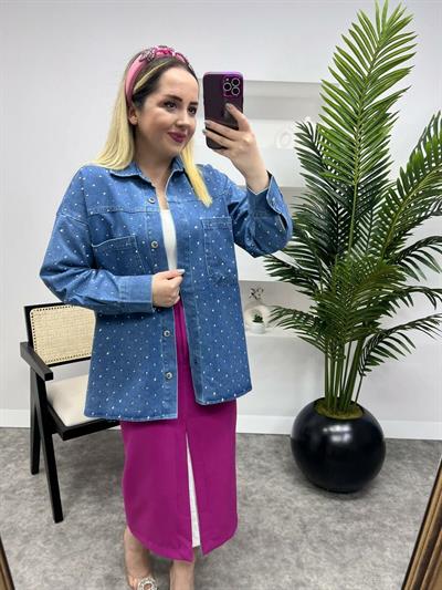 Oversize Kalıp Taşlı Tasarım Kot Ceket Mavi