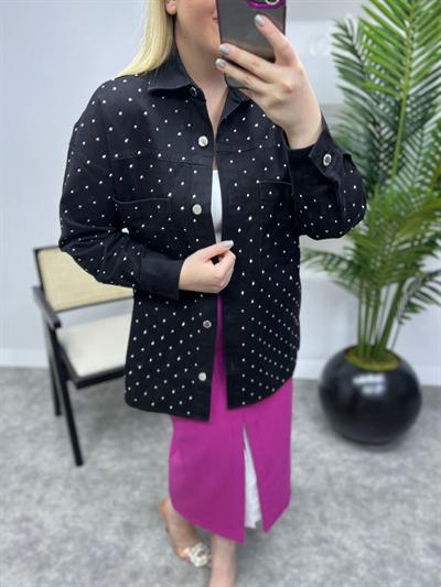 Oversize Kalıp Taşlı Tasarım Kot Ceket Siyah