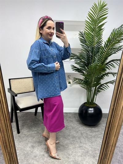 Oversize Kalıp Taşlı Tasarım Kot Ceket Mavi