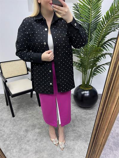 Oversize Kalıp Taşlı Tasarım Kot Ceket Siyah