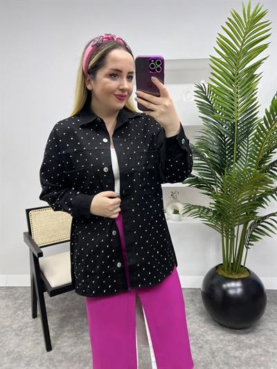 Oversize Kalıp Taşlı Tasarım Kot Ceket Siyah