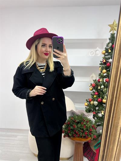 Oversize Siyah Kaşe Kaban