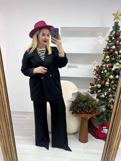 Oversize Siyah Kaşe Kaban