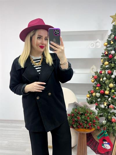 Oversize Siyah Kaşe Kaban