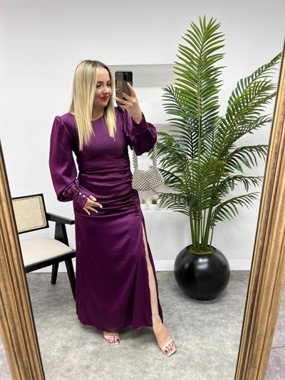 Özel Tasarım Vatkalı Drapeli Mor Saten Elbise