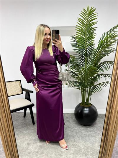 Özel Tasarım Vatkalı Drapeli Mor Saten Elbise