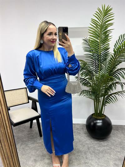 Özel Tasarım Vatkalı Saks Saten Elbise