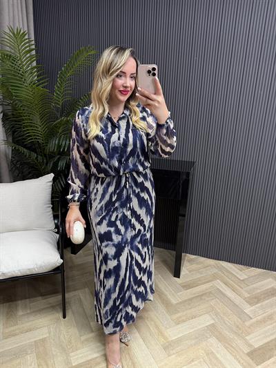 Özel Tasarım Zebra Belden Büzgülü Şifon Elbise Lacivert