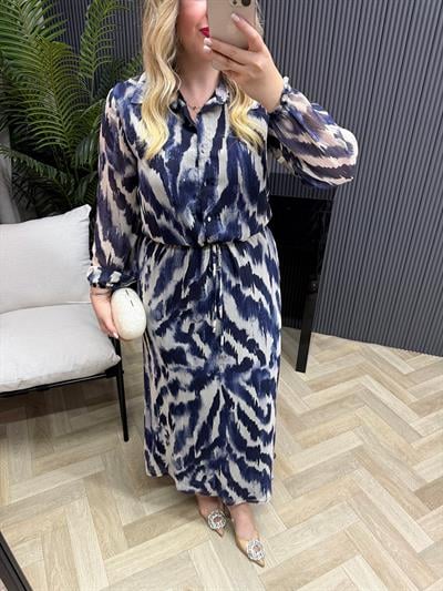 Özel Tasarım Zebra Belden Büzgülü Şifon Elbise Lacivert