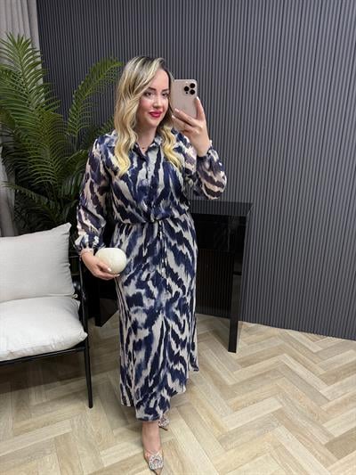Özel Tasarım Zebra Belden Büzgülü Şifon Elbise Lacivert