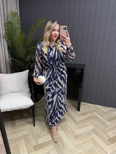 Özel Tasarım Zebra Belden Büzgülü Şifon Elbise Lacivert