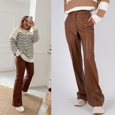 Palazzo Model Yüksek Bel Deri Pantolon Taba