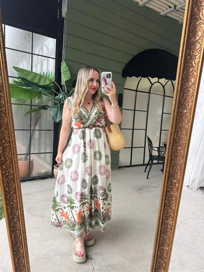 Palmiye Desenli Kruvaze Model Keten Elbise Turuncu Yeşil