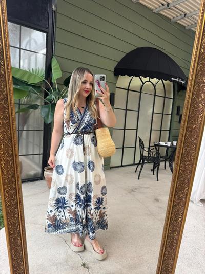 Palmiye Desenli Kruvaze Model Keten Elbise Lacivert