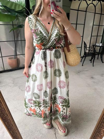 Palmiye Desenli Kruvaze Model Keten Elbise Turuncu Yeşil