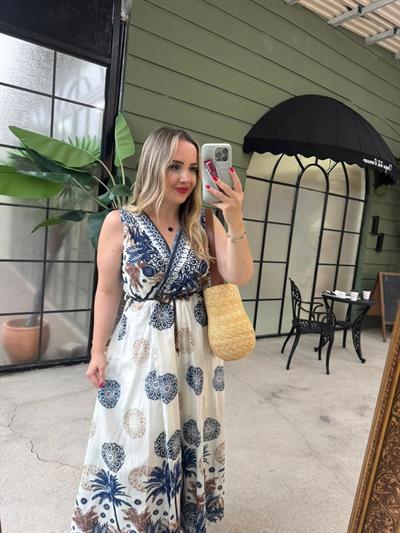 Palmiye Desenli Kruvaze Model Keten Elbise Lacivert