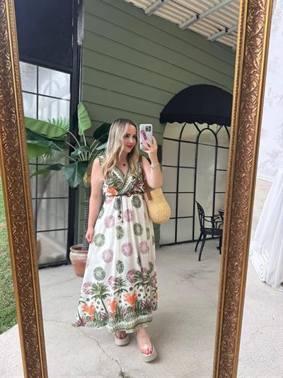 Palmiye Desenli Kruvaze Model Keten Elbise Turuncu Yeşil