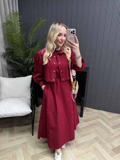 Palmiye Paraşüt Kumaş Ceketli Elbiseli Takım Bordo